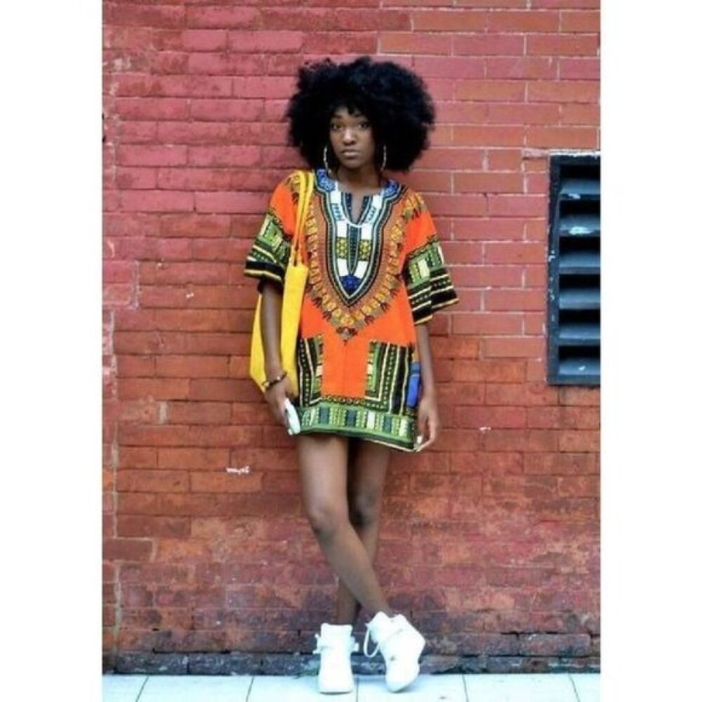 True Rock Women's Orange African Dashiki Dress Shirt/V neck Tunic Top - Picture 10 of 11